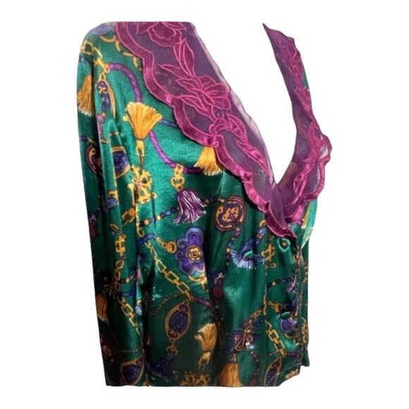 VICTORIAS SECRET🎄VTG PAJAMA SET Satiny teal green purple gold tassel print SZ SM - Picture 10 of 12